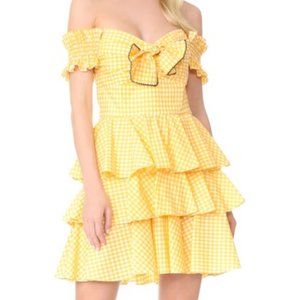 Caroline Constas Yellow Helena Gingham Plaid Tiered Ruffle Dress Small Bow